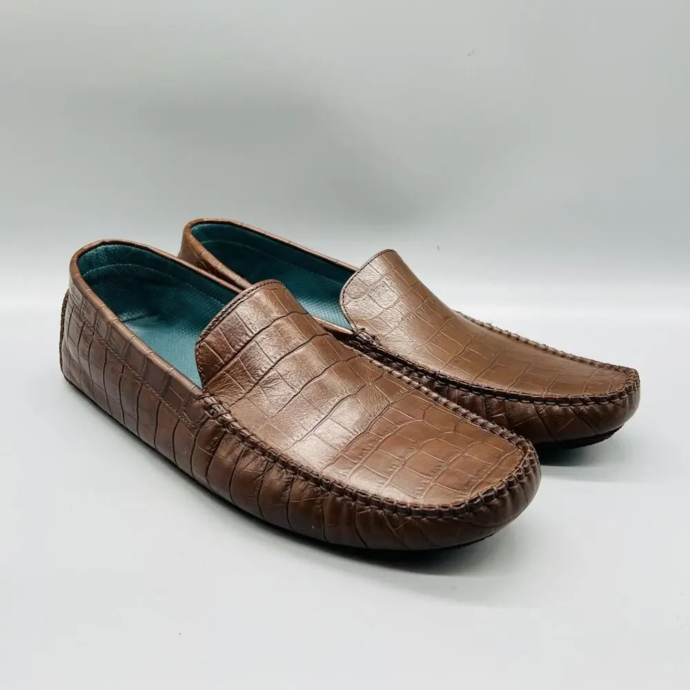 Cole Haan Shoes Mens 11 Brown Leather Croc Embossed Driving Moc Loafers Comfort